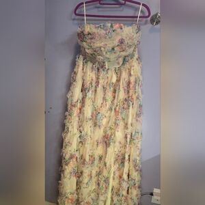 Floral Ruffle Maxi Strapless Prom Dress